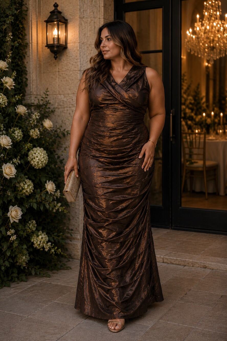Rickie Freeman Teri Jon 100% Silk Bronze Metallic Ruched Maxi Gown Dress Size 16